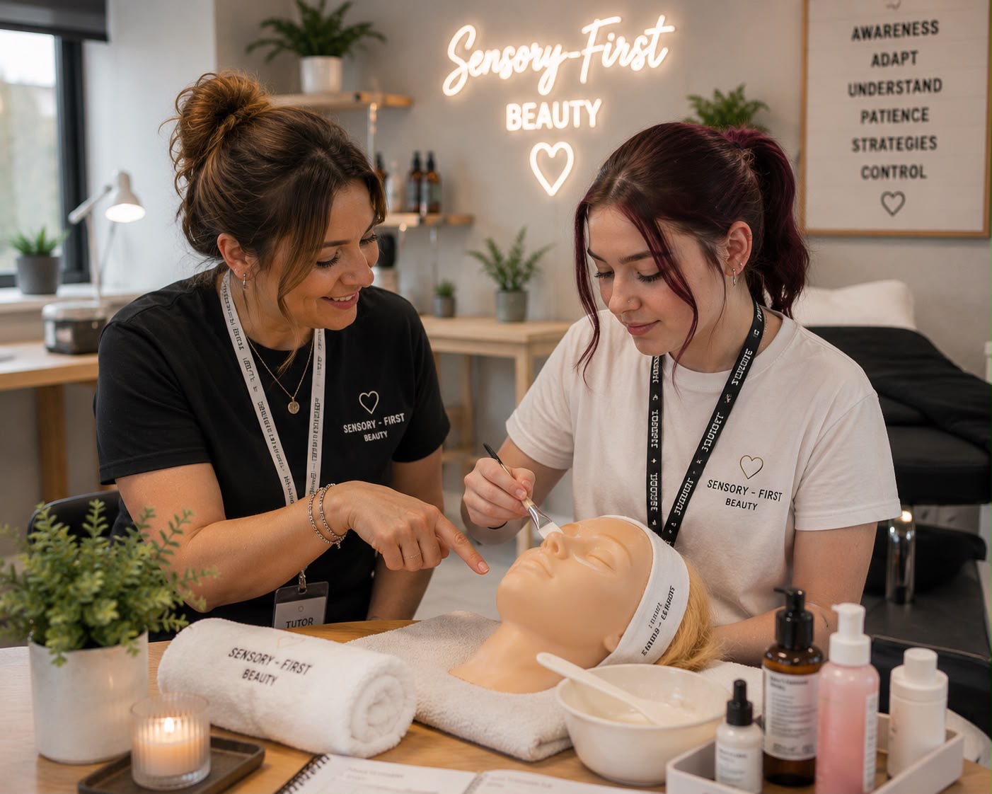 Tutor guiding a learner through sensory-first beauty training on a mannequin