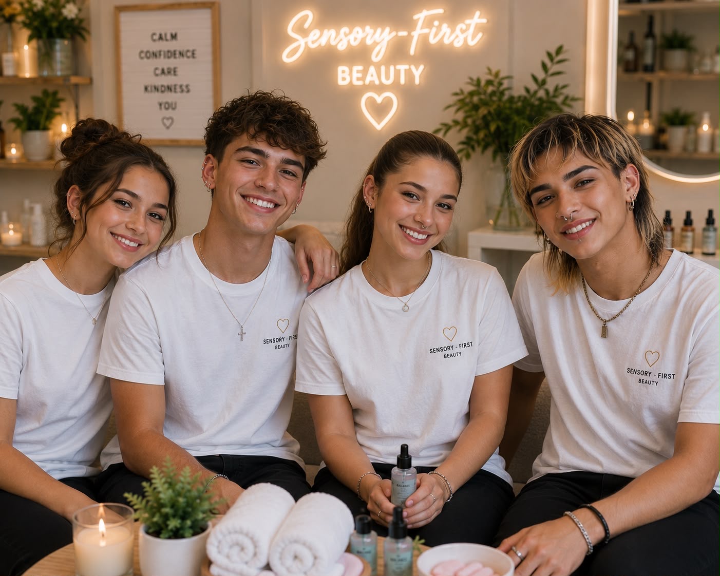 Young adults in a Sensory-First Beauty branded training environment