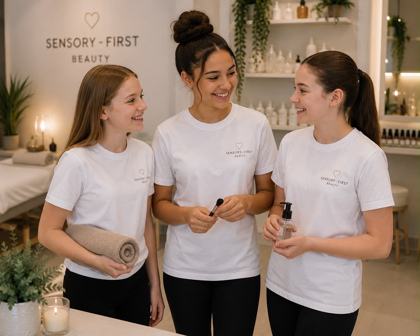 Young adults practising beauty and wellbeing skills in an accredited salon setting