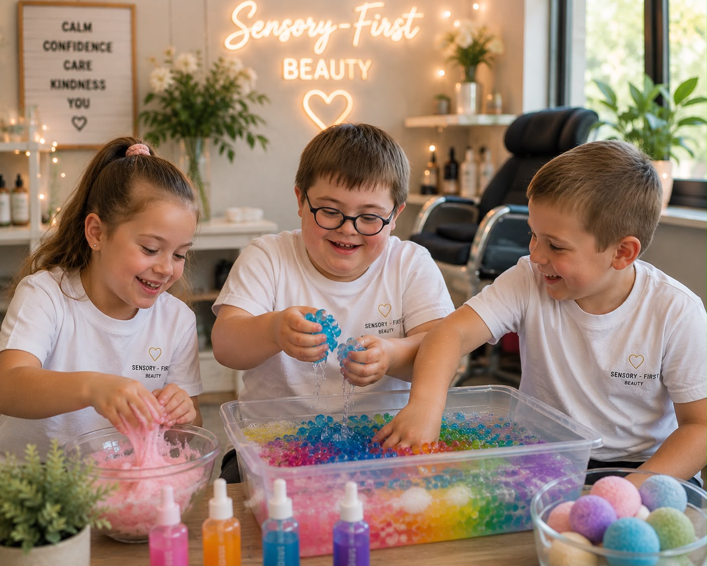 Children engaged in tactile sensory play with slime and water beads