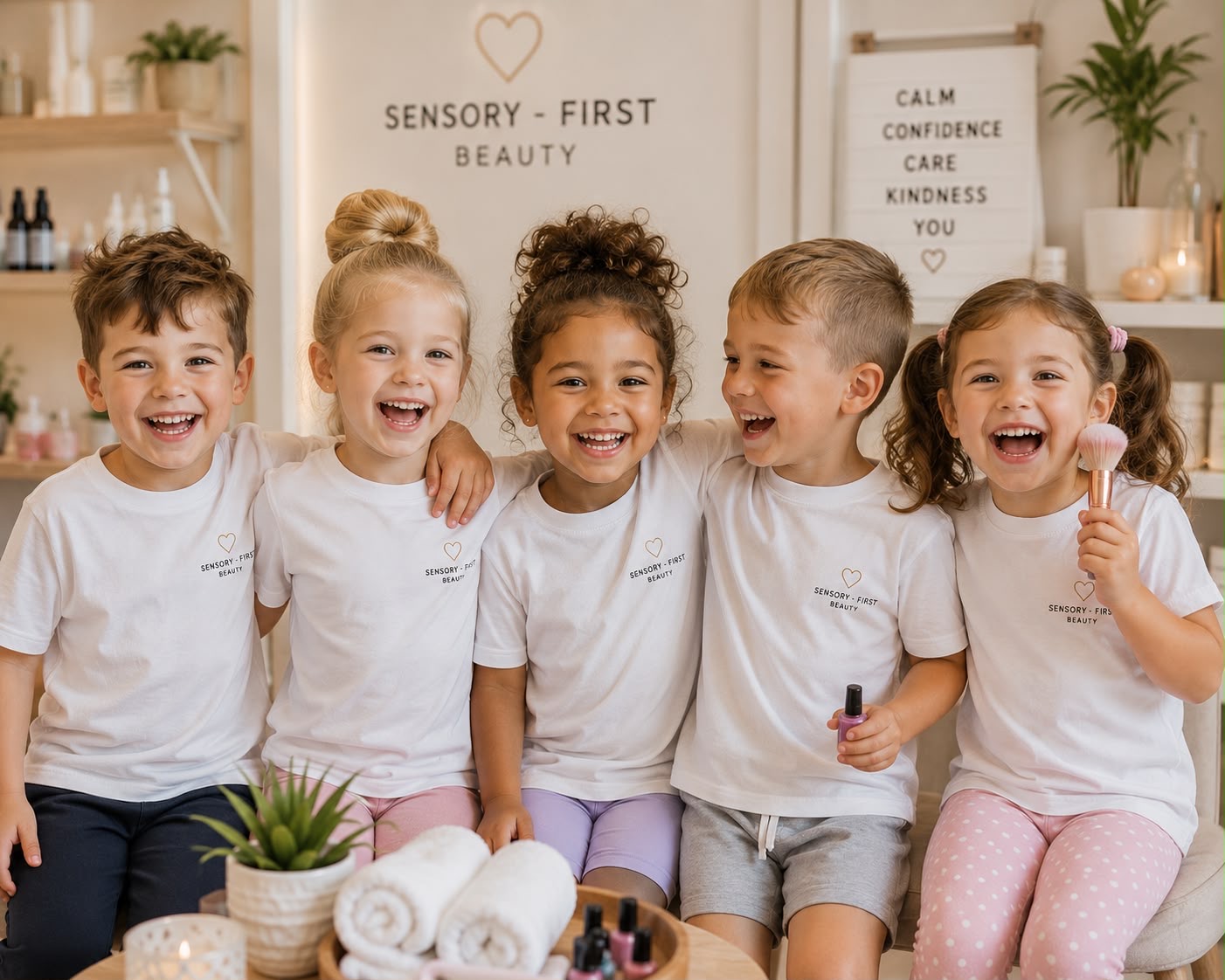 Young children learning age-appropriate self-care with joy in a Sensory-First Beauty setting