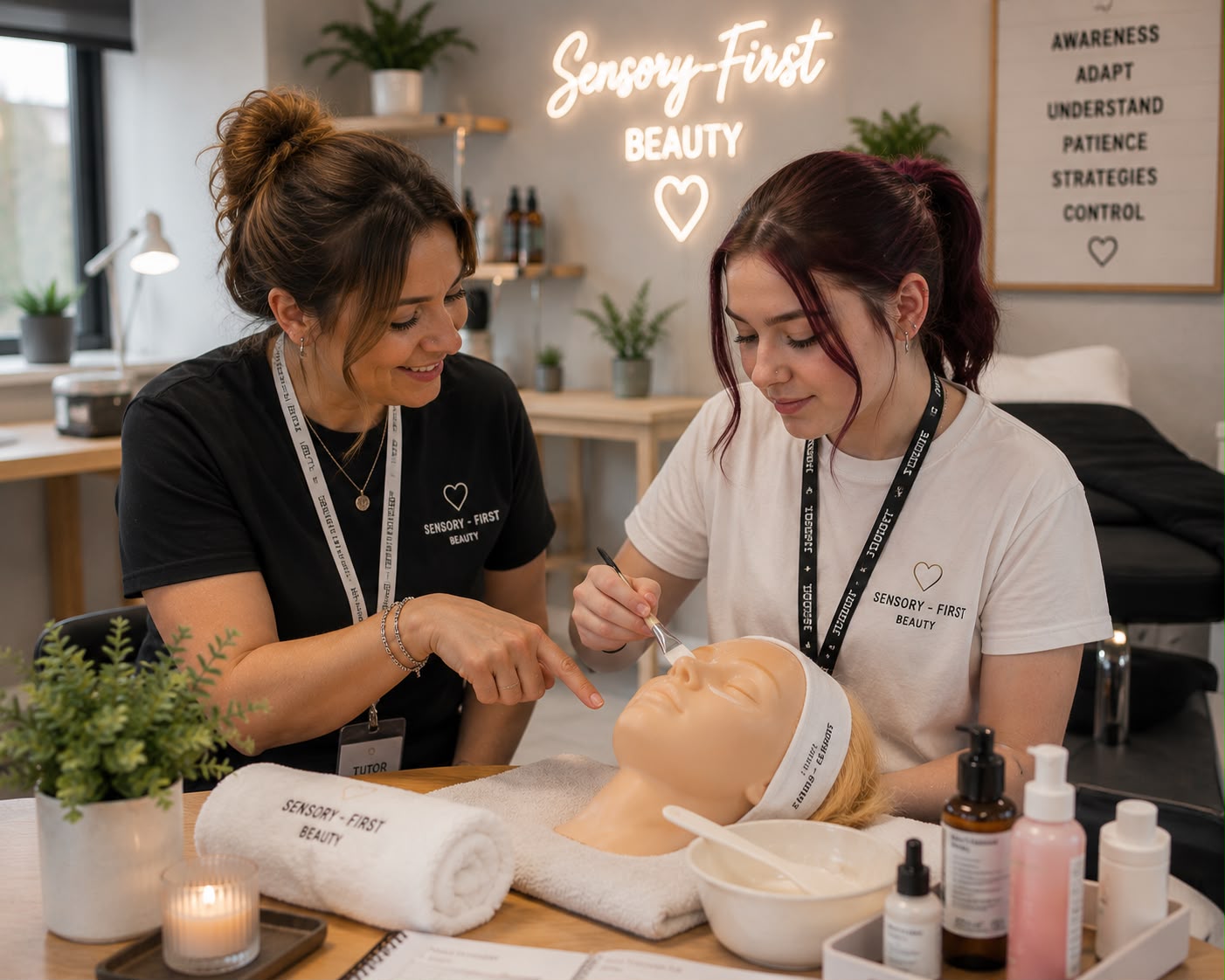 Tutor guiding a student through sensory-first beauty training on a mannequin